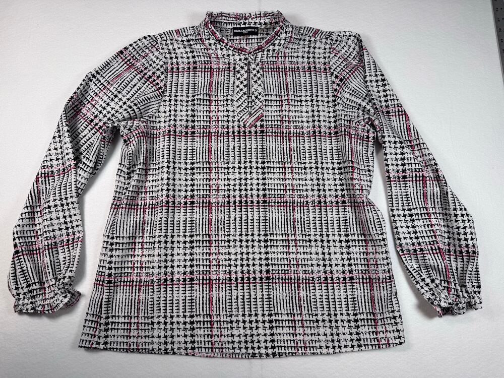 Karl Lagerfeld Paris Women’s L Plaid Ruffle Blouse Black White Pink Long Sleeve